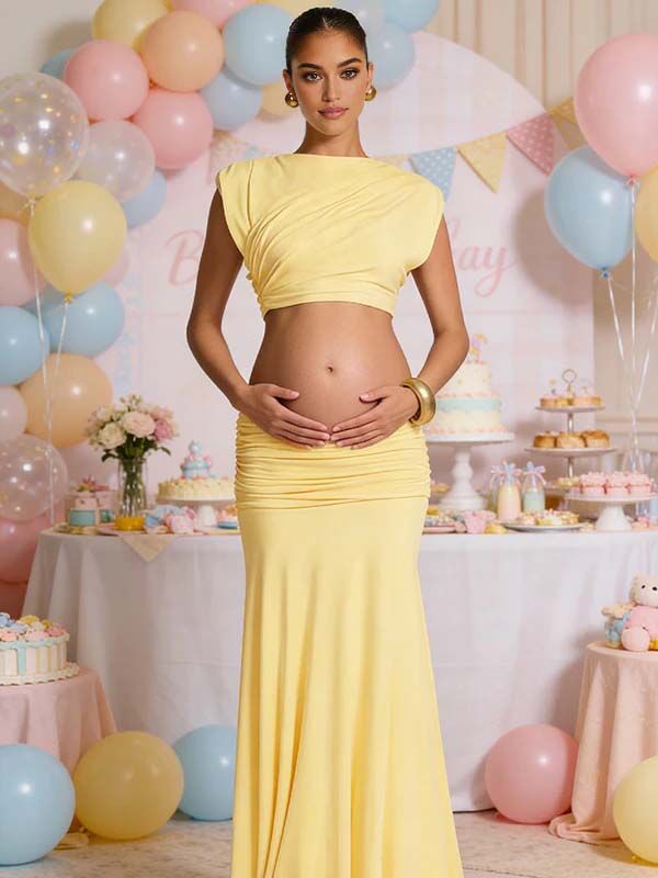 Mumsmode Zwangerschaps Maxi Jurk Chique Babyshower 2-in-1 Gekreukt Gedrapeerd Gewas