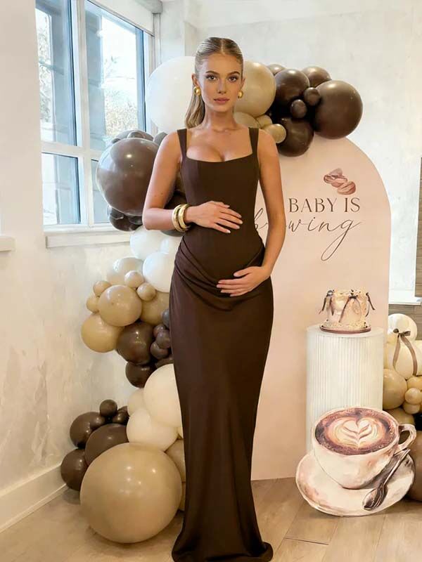 Bruine Geplooid Bovenlijf Vetersluiting Rug Bodycon Zwangerschaps Maxi Jurk