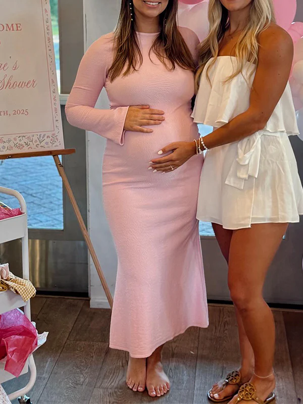 Mumsmode Zwangerschaps Maxi Bodycon Jurk Chique Babyshower Gekreukt Zeemeermin Flare Mouw