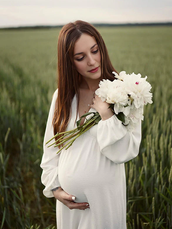 Mumsmode Zwangerchaps Midi Fotoshoot Jurken Elegant V-hals Lange Mouw Wit