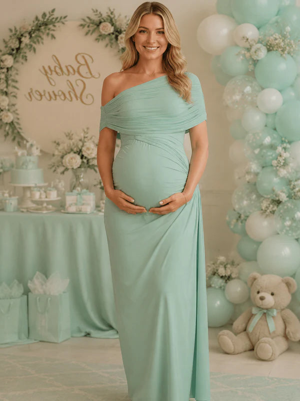 Groene Aansluitende Maxi Zwangerschapsjurk Off Shoulder Ruches