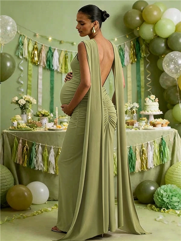 Mumsmode Zwangerschaps Maxi Babyshower Jurk Chique Bodycon Rugloos Lintjes Geplooid