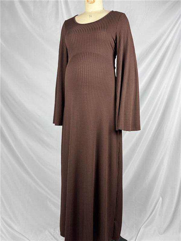 Mumsmode Zwangerchaps Midi Fotoshoot Jurken Elegant Gebonden rug Flare Mouw Bruin