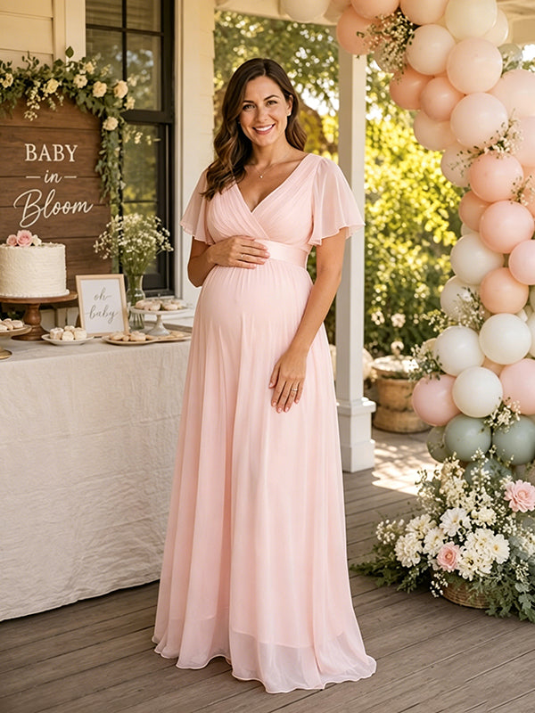 Roze Grote Maten Zwangerschaps Maxi Jurk A-lijn Tule V-hals Elegant