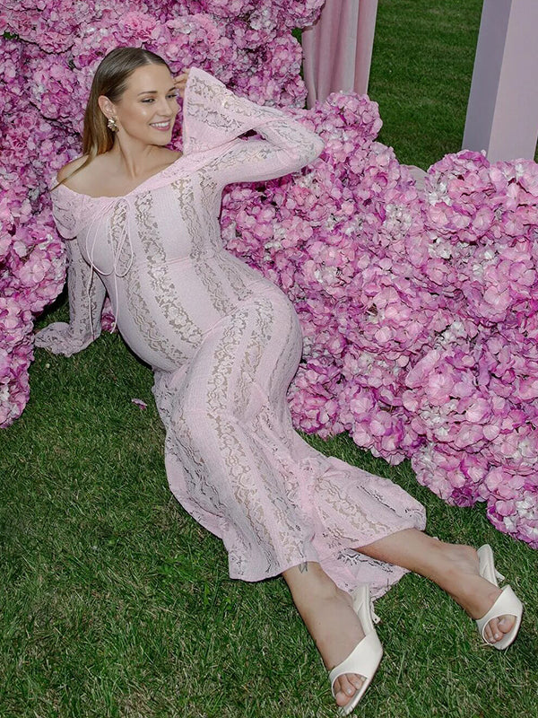 Mumsmode Zwangerschaps Maxi Babyshower Jurk Kanten Off Shoulder Zeemeermin Roze