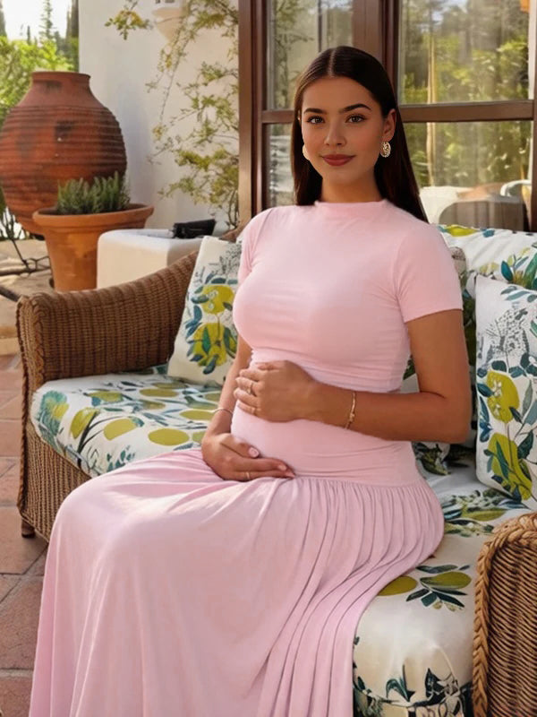 Mumsmode Chique Roze Patchwork Vloeiend Zijsplit Vakantie Zwangerschaps Maxi Jurk