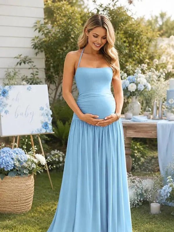 Chique Zwangerschaps Maxi Jurk Halternek Backless Rugloos Vetersluiting