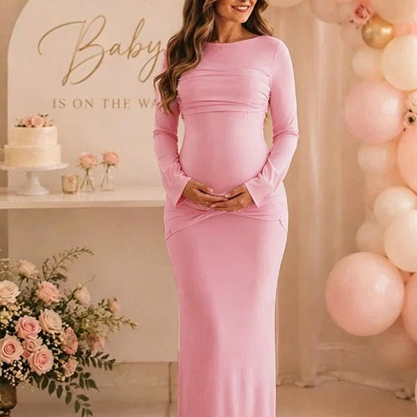 Elegante Roze Gedrapeerde Bodycon Zwangerschaps Maxi Babyshower Jurk