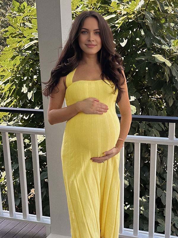Mumsmode Zwangerschaps Maxi Jurk Babyshower Cocktail Halternek Rugloos Geplooid Geel