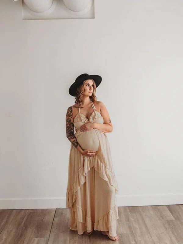 Mumsmode Zwangerchap Fotoshoot Jurken Boheems Fotoshoot Onregelmatig Ruches Rugloos Gedrapeerd Spaghetti Maxi Jurken