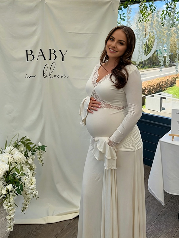 Mumsmode Maxi Babyshower Zwangerschapsjurk Kant Ruches Flare Mouwen Elegante Jurk Fotoshoot Gender Reveal