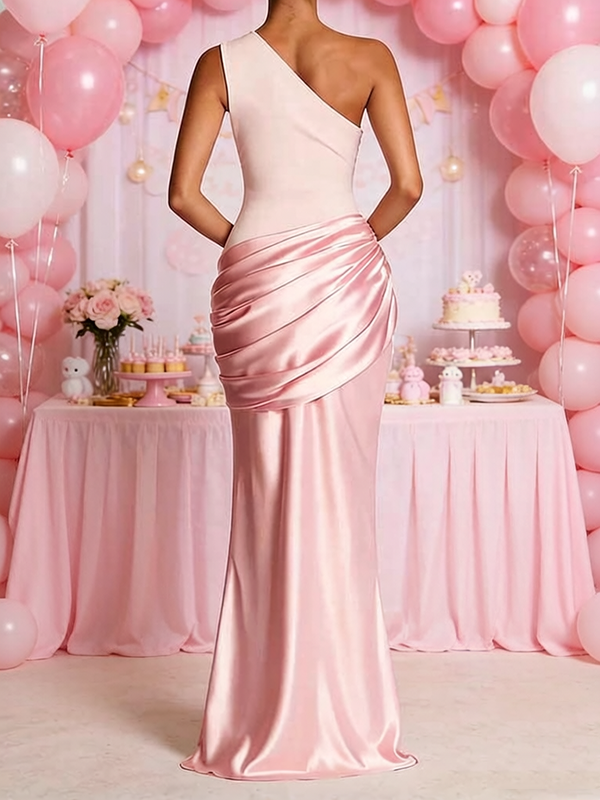 Mumsmode Zwangerschaps Maxi Babyshower Jurk Chique Een Open Schouder Patchwork Satijn Zeemeermin