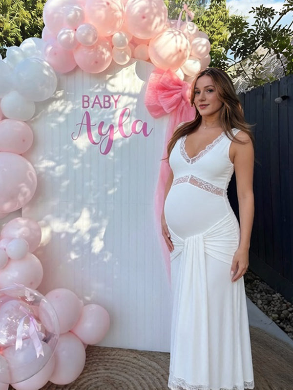 Mumsmode Elegant Kanten Patchwork Vloeiend Lintje Gedrapeerd Babyshower Zwangerschaps Maxi Jurk