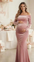 Fluwelen zwangerschaps maxi jurk met off shoulder halslijn, open rug en bodycon pasvorm voor babyshower.