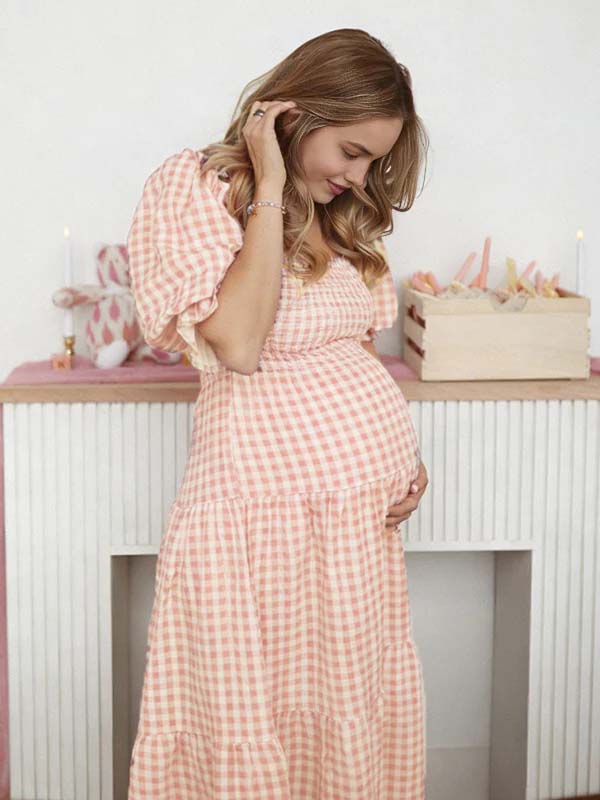 Mumsmode Schattig Plaid Rimpelen A-Lijn Ruches Pofmouw Rugloos Babyshower Zwangerschaps Maxi Jurk