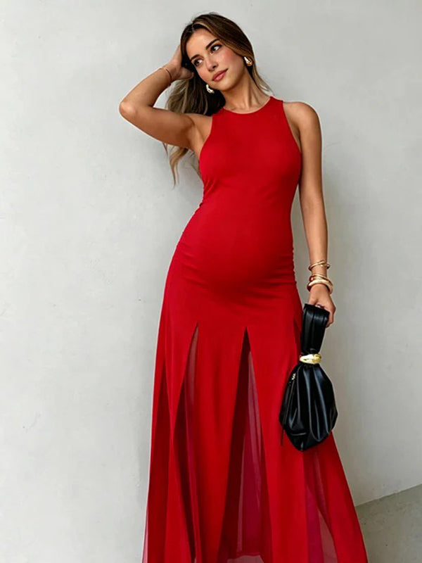 Mumsmode Chique Rood Tule Patchwork A-Lijn Vloeiend Vakantie Cocktail Zwangerschaps Maxi Jurk