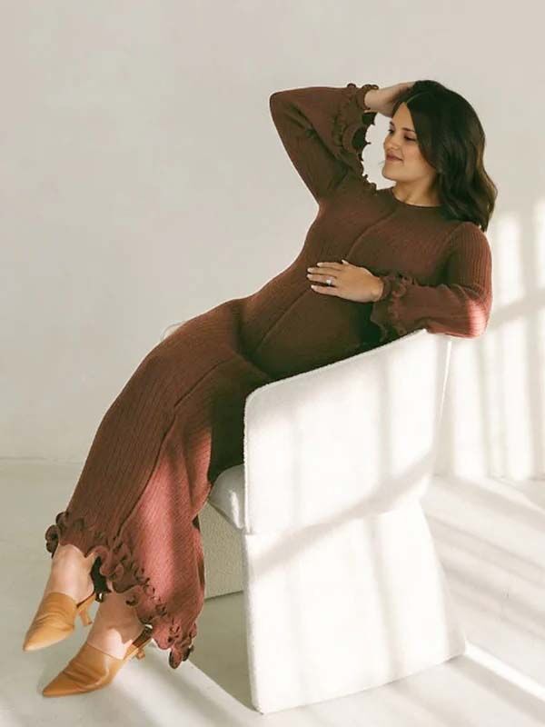 Mumsmode Zwangerschaps Bodycon Jurken Elegant Ceremonie Gebreide Ruches Rugloos Maxi Jurken