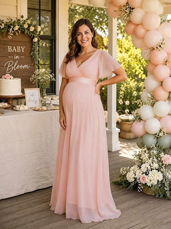 Roze Grote Maten Zwangerschaps Maxi Jurk A-lijn Tule V-hals Elegant