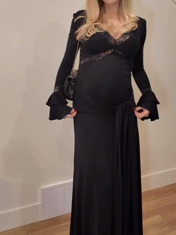 Mumsmode Zwangerschaps Maxi Bodycon Jurk Chique Cocktail Kanten Ruches Gedrapeerd Patchwork