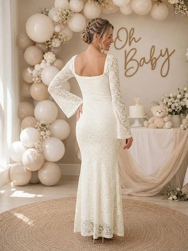 Ivoorwitte Elegante Rugloze Kant Baby Shower Zwangerschaps Maxi Jurk
