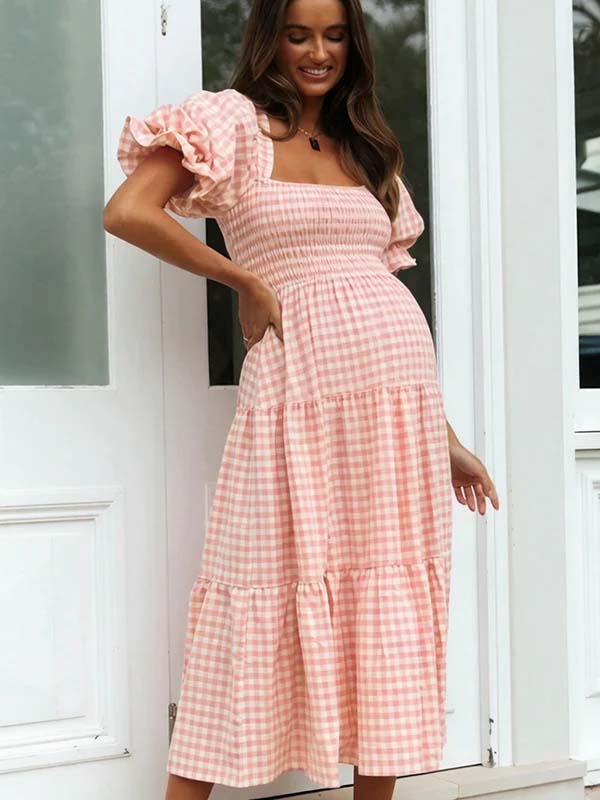 Mumsmode Schattig Plaid Rimpelen A-Lijn Ruches Pofmouw Rugloos Babyshower Zwangerschaps Maxi Jurk