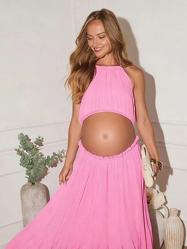 Mumsmode Zwangerschaps Maxi Jurk Fotoshoot Vakantie Geplooid Halternek Rugloos Vloeiend 2-in-1