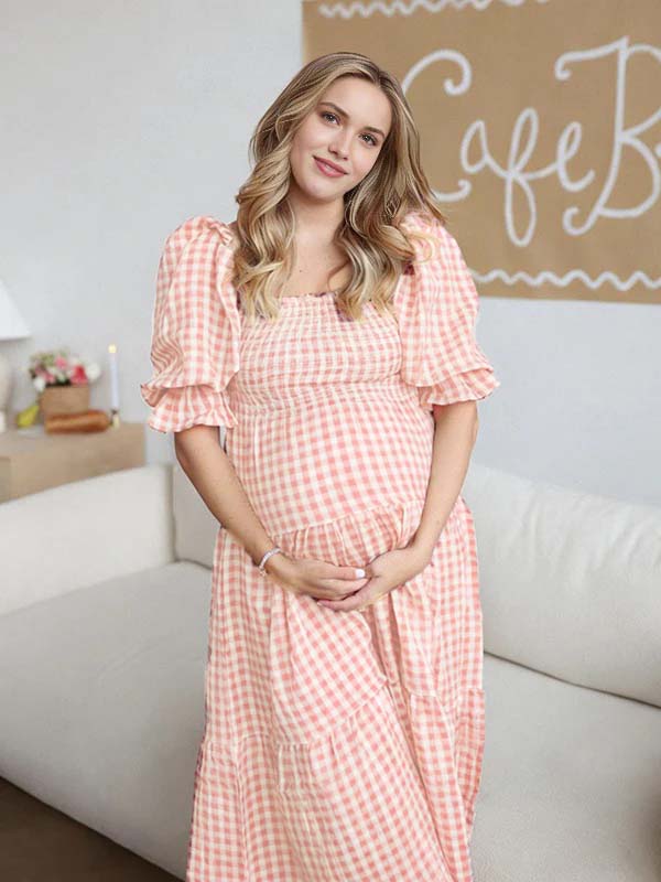 Mumsmode Schattig Plaid Rimpelen A-Lijn Ruches Pofmouw Rugloos Babyshower Zwangerschaps Maxi Jurk