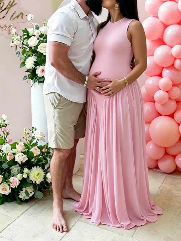 Elegante Zwangerschaps Maxi Jurk Gedrapeerd Geplooid Verlaagde Taille Bodycon