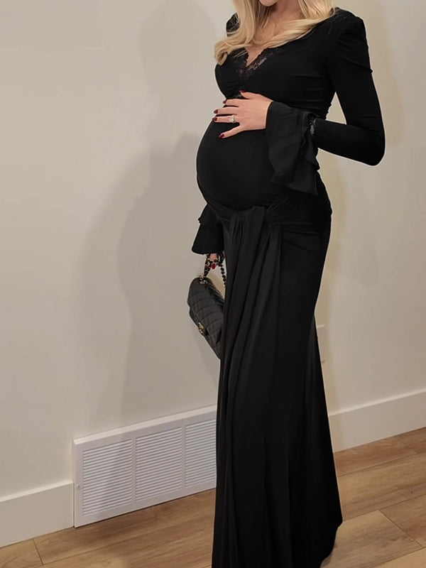 Mumsmode Zwangerschaps Maxi Bodycon Jurk Chique Cocktail Kanten Ruches Gedrapeerd Patchwork