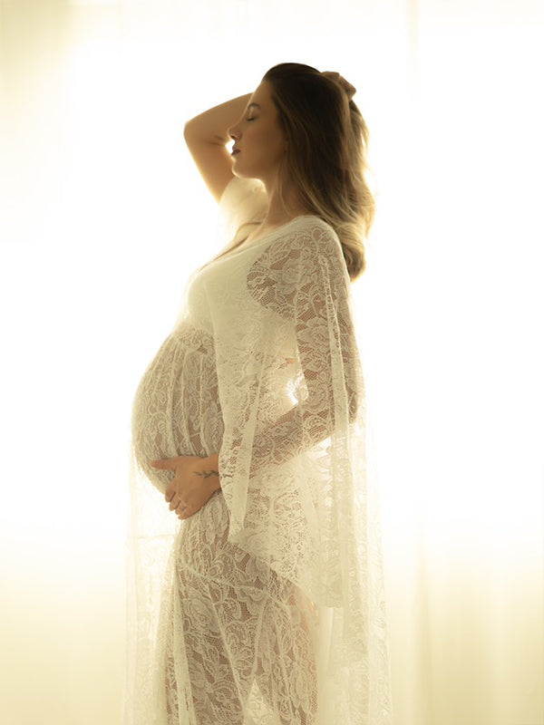 Mumsmode Zwangerchaps Maxi Fotoshoot Jurken Boho Bloemenpatroon Kanten V-rug Hals Flare Mouw Wit