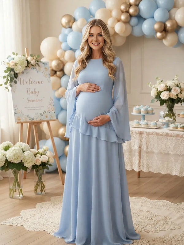 Elegante Chiffon Zwangerschaps Maxi Jurk Ruffles Uitlopende Mouwen
