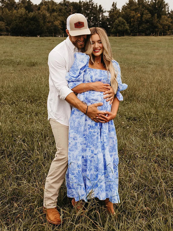 Mumsmode Blauw Schattige Zwangerschaps Maxi Jurk Ruches Geplooid Hoge Taille Pofmouwen Fotoshoot