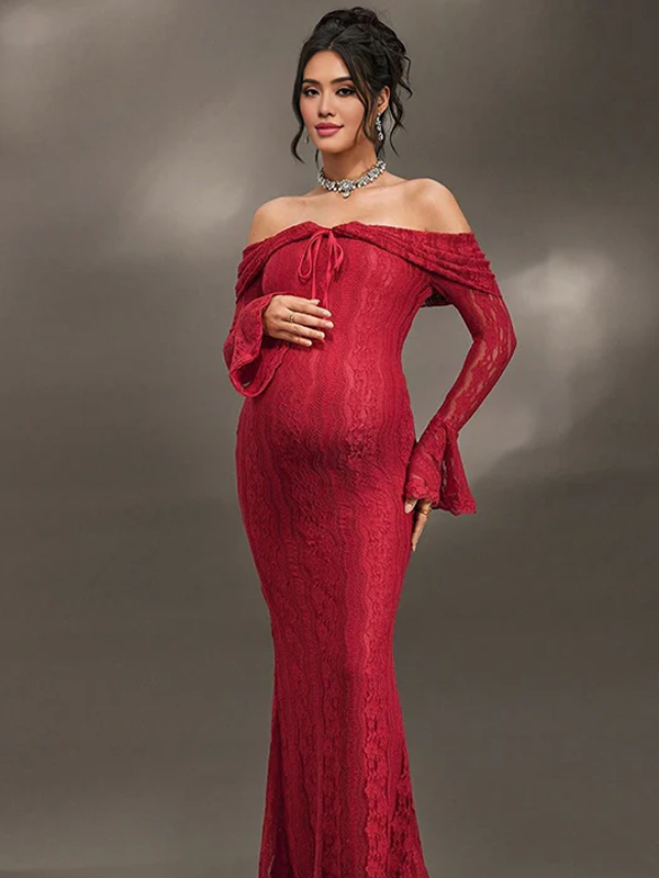 Mumsmode Zwangerschaps Maxi Kanten Jurk Fotoshoot Chique Ceremonie Bodycon Off Shoulder Ruches Zeemeermin