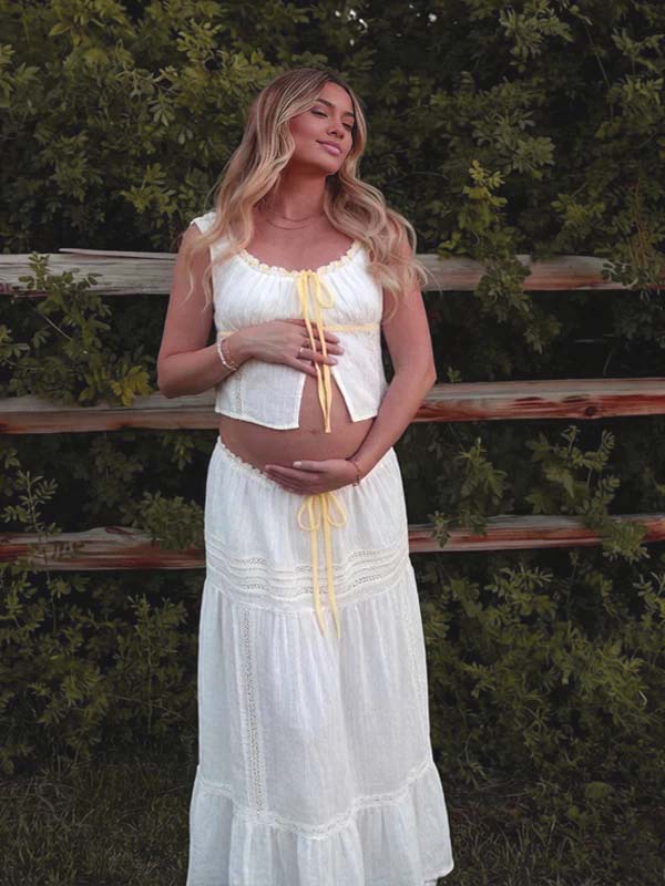 Witte Kanten Zwangerschaps Maxi Jurk Hoge Taille Tweedelige Set Boho