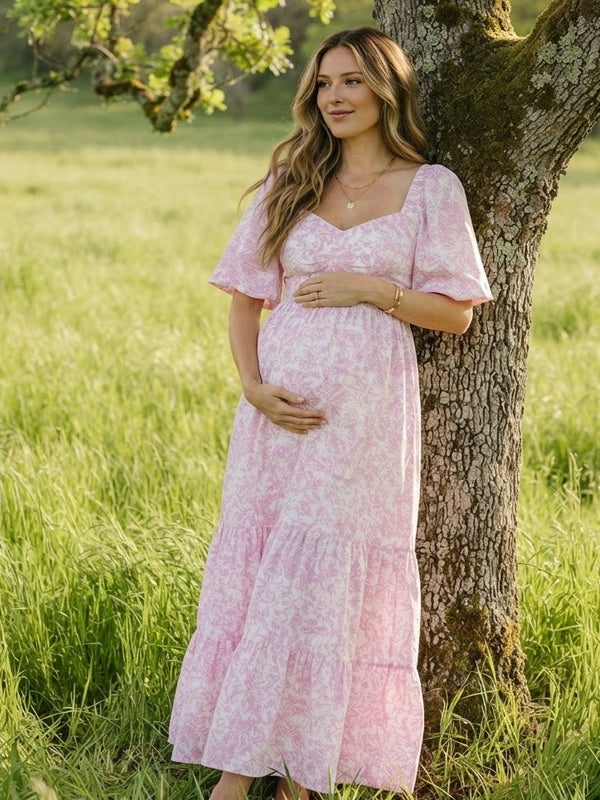 Smocked Bloemenprint Pofmouwen Fotoshoot Zwangerschaps Maxi Jurk