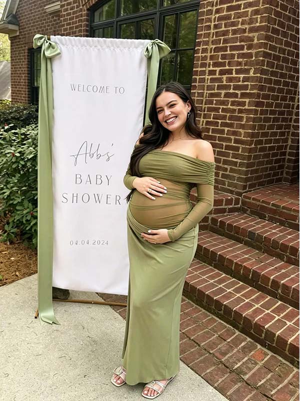 Groene Zwangerschaps Maxi Jurk Tule Off-Shoulder Lange Mouwen Bodycon