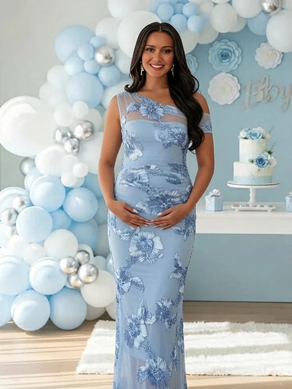 Blauwe Off-Shoulder Maxi Zwangerschapsjurk Bloemenborduursel Aansluitend Model