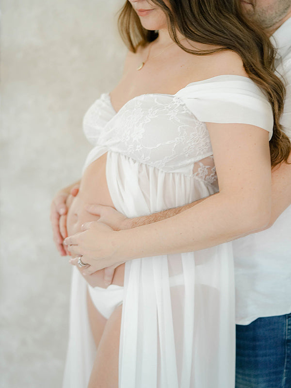 Mumsmode Zwangerschaps Maxi Fotojurk Elegante Bandeau Opengewerkte Zijsplit Fotoshoot