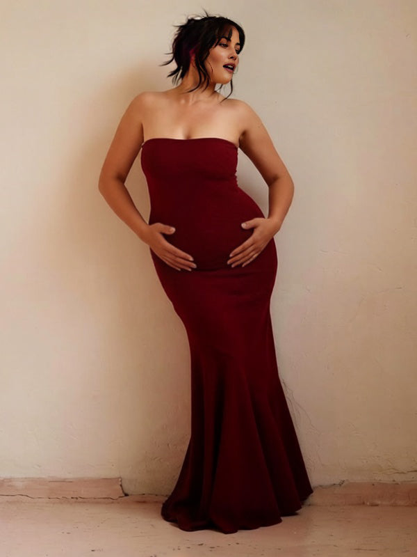 Mumsmode Chique Rood Bandeau Bodycon Zeemeermin Lintjes Babyshower Zwangerschaps Maxi Jurk