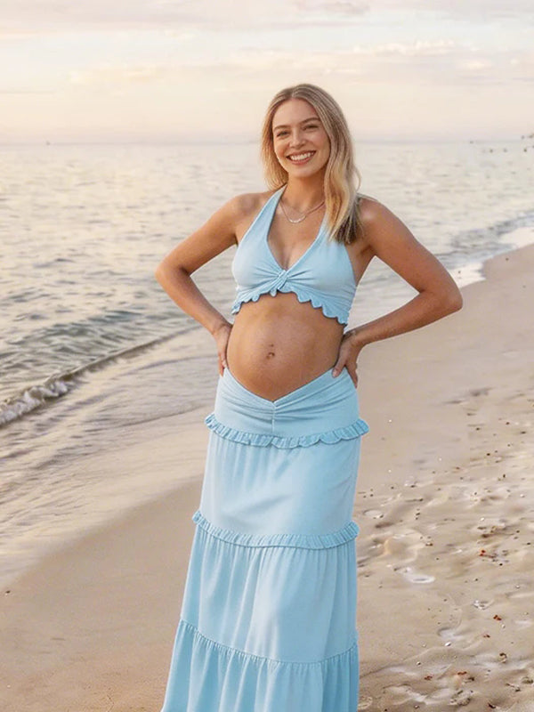 Blauwe Boho Zwangerschaps Maxi Jurk Halter Hals 2-delig Ruches
