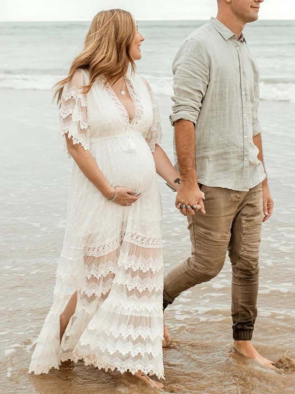 Mumsmode Zwangerchaps Maxi Fotoshoot Jurk Boheems Kanten Rugloos Kwasten V-hals Wit