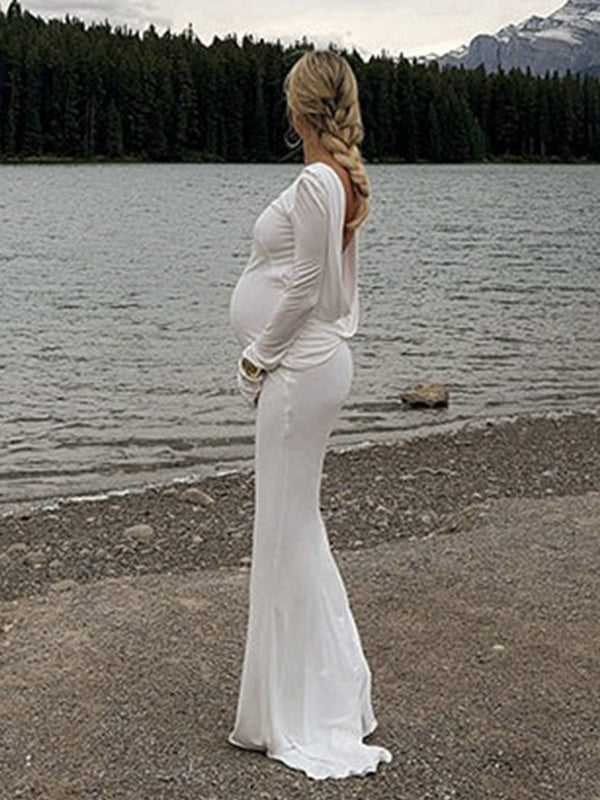 Mumsmode Zwangerchap Speciale Gelegenheden Jurken Elegant Rugloos Gekreukt Wachtrij Bruiloft Maxi Jurken