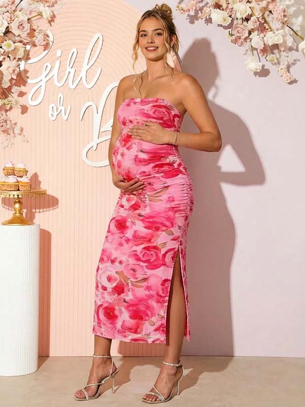 Mumsmode Chique Roze Bloemenprint Bandeau Bodycon Zijsplit Babyshower Zwangerschaps Maxi Jurk