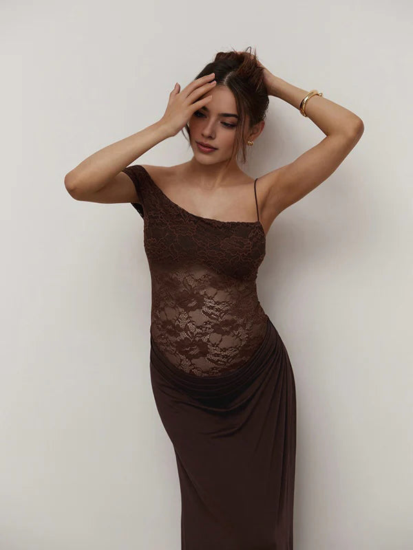 Mumsmode Chique Bruin Kanten Patchwork Onregelmatig Een Open Schouder Bodycon Fotoshoot Zwangerschaps Maxi Jurk