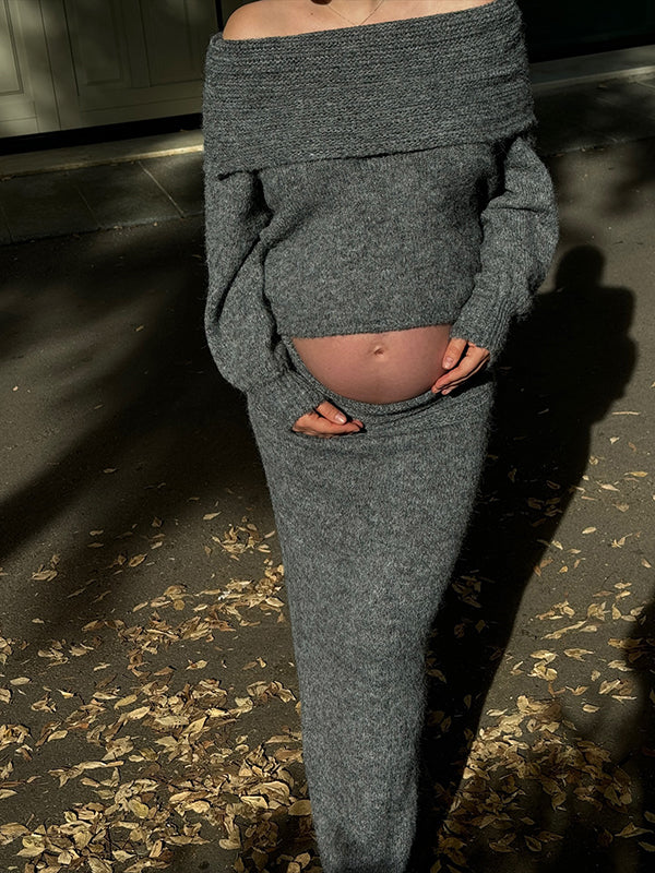 Mumsmode Zwangerschaps Maxi Truien Jurk Chique Elegant 2-in-1 Gebreide Off Shoulder Zeemeermin