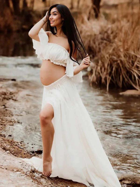 Mumsmode Bohemian Zwangerschaps Tweedelige Set Maxi Jurk Off-Shoulder Rugloos Ruches Fotoshoot