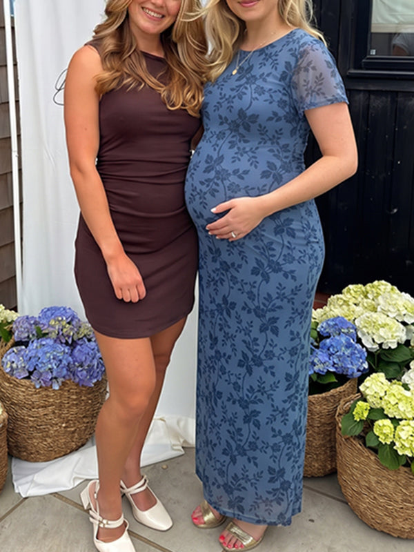 Chique Donkerblauw Bloemenprint Bodycon Zeemeermin Zwangerschaps Maxi Jurk