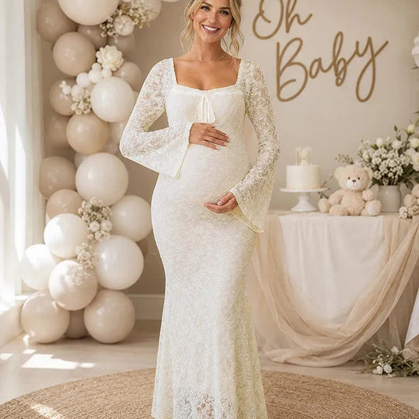 Ivoorwitte Elegante Rugloze Kant Baby Shower Zwangerschaps Maxi Jurk