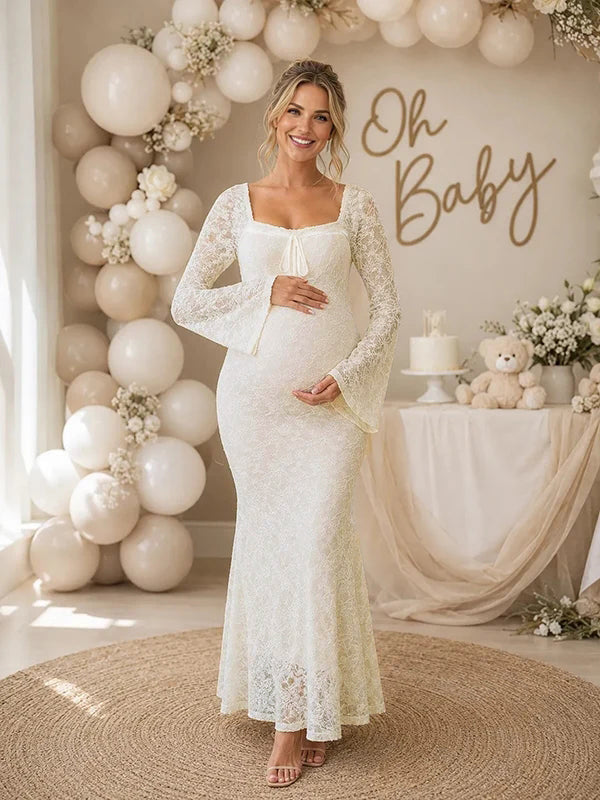 Ivoorwitte Elegante Rugloze Kant Baby Shower Zwangerschaps Maxi Jurk