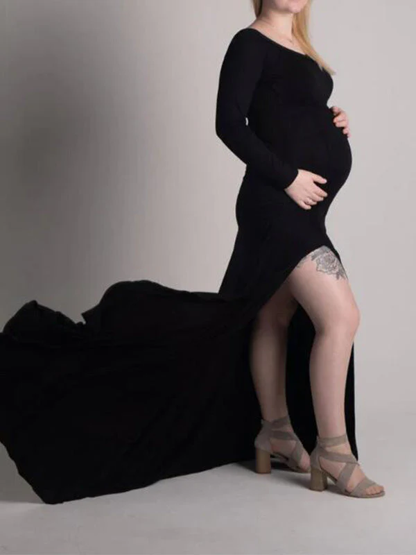 Mumsmode Zwangerschapsjurk Bodycon Fotoshoot Thuis Met Split En Sleep Babyshower Off Shoulder